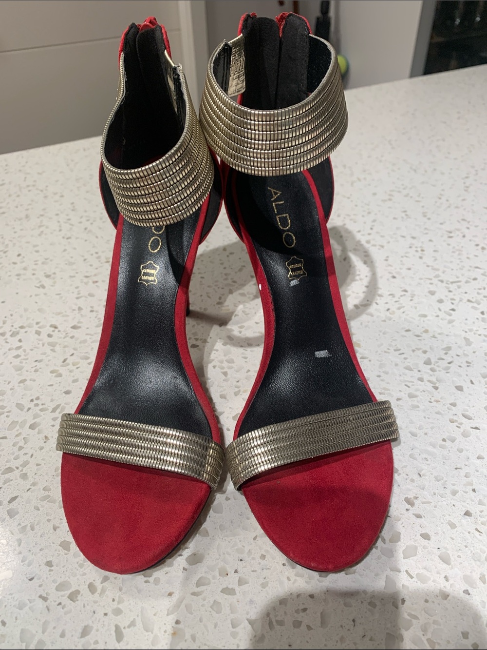 ALDO Red Suede Heeled Sandals with Gold Ribbed Straps